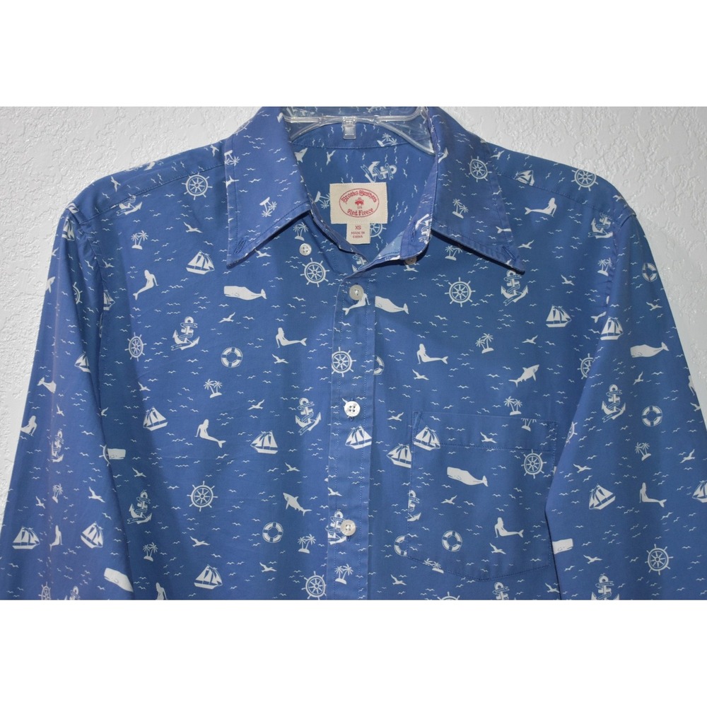 Brooks Brothers Red Fleece Mens XS Blue Nautical Mermaid Whale Print Shirt